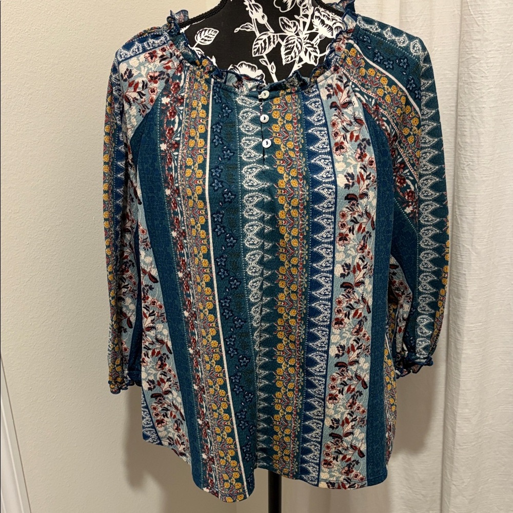 Chic Bohemian Floral Striped Blouse - Blue and Yellow